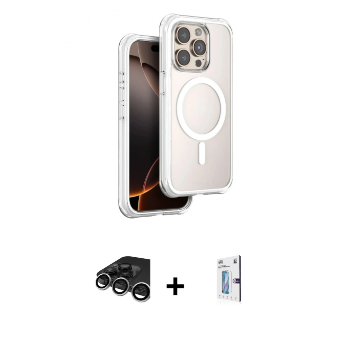MARSİLYAN™- iPhone 15 Pro Max Kılıf Zirve Klasik Prime - Siyah Bilvis 0.18mm Plus Cam Ekran Koruyucu + Raze Metal Kamera Lens - GS