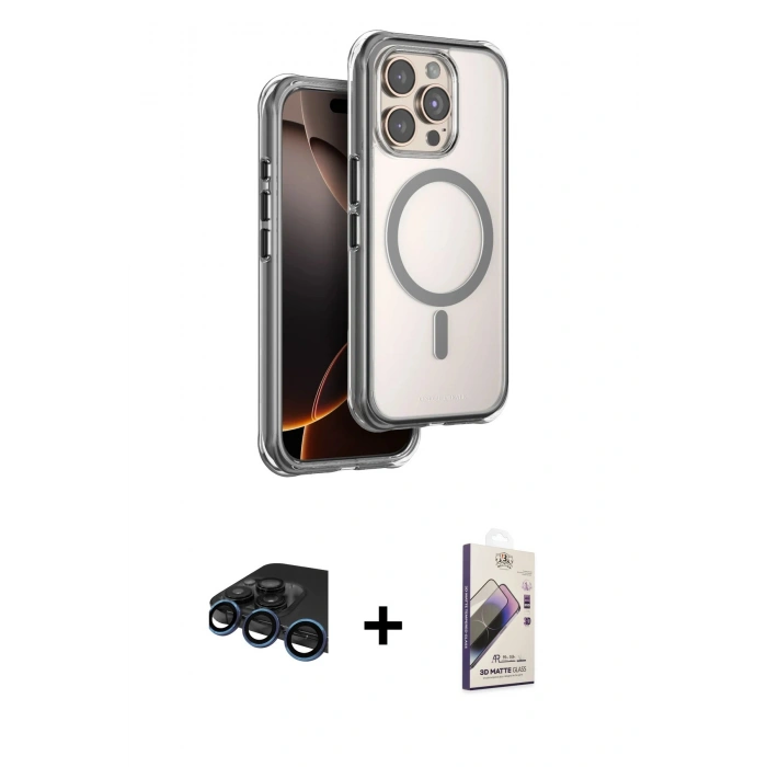 MARSİLYAN™- iPhone 15 Pro Max Kılıf Zirve Klasik Prime - Siyah Bilvis 3D Mat Cam Ekran Koruyucu + Raze Metal Kamera Lens - LT