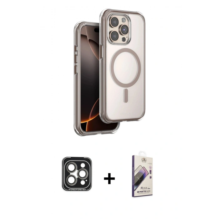 MARSİLYAN™- iPhone 15 Pro Max Kılıf Zirve Klasik Prime - Siyah Bilvis 3D Mat Cam Ekran Koruyucu + PVD Metal Kamera Lens - GI