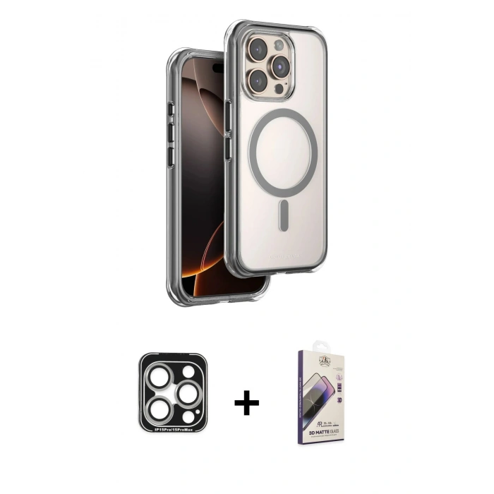 MARSİLYAN™- iPhone 15 Pro Max Kılıf Zirve Klasik Prime - Siyah Bilvis 3D Mat Cam Ekran Koruyucu + PVD Metal Kamera Lens - GS