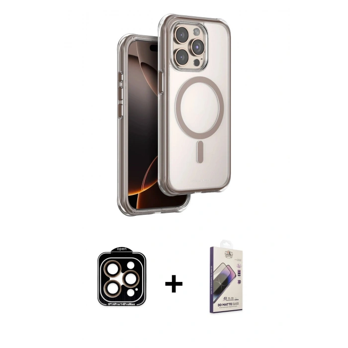 MARSİLYAN™- iPhone 15 Pro Max Kılıf Zirve Klasik Prime - Siyah Bilvis 3D Mat Cam Ekran Koruyucu + PVD Metal Kamera Lens - TU