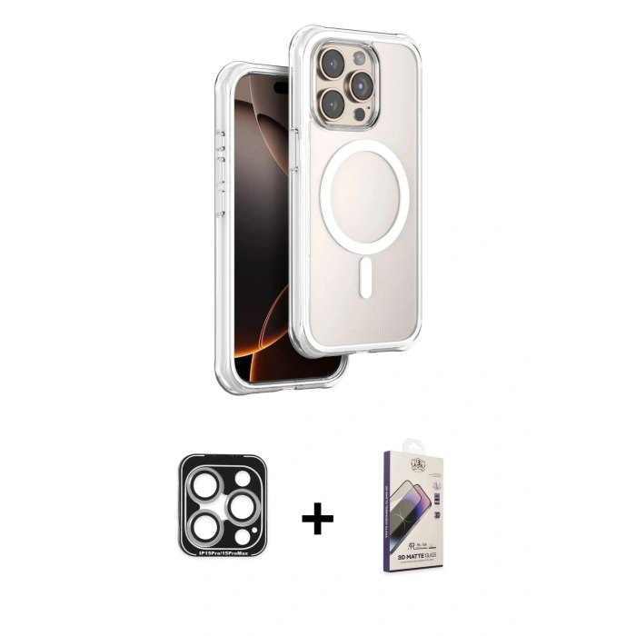 MARSİLYAN™- iPhone 15 Pro Max Kılıf Zirve Klasik Prime - Siyah Bilvis 3D Mat Cam Ekran Koruyucu + PVD Metal Kamera Lens - GS