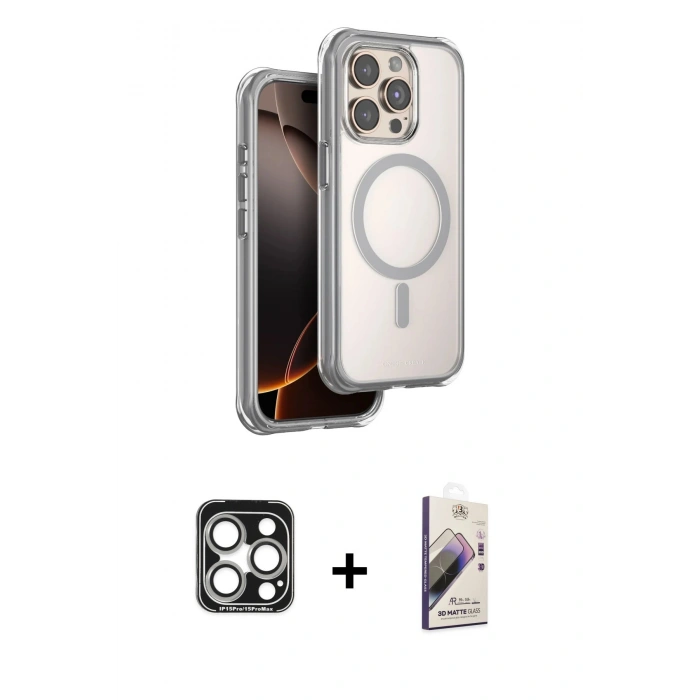 MARSİLYAN™- iPhone 15 Pro Max Kılıf Zirve Klasik Prime - Siyah Bilvis 3D Mat Cam Ekran Koruyucu + PVD Metal Kamera Lens - GS