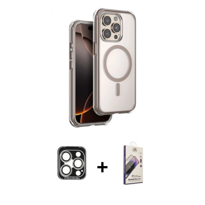 MARSİLYAN™- iPhone 15 Pro Max Kılıf Zirve Klasik Prime - Siyah Bilvis 3D Mat Cam Ekran Koruyucu + PVD Metal Kamera Lens - GS