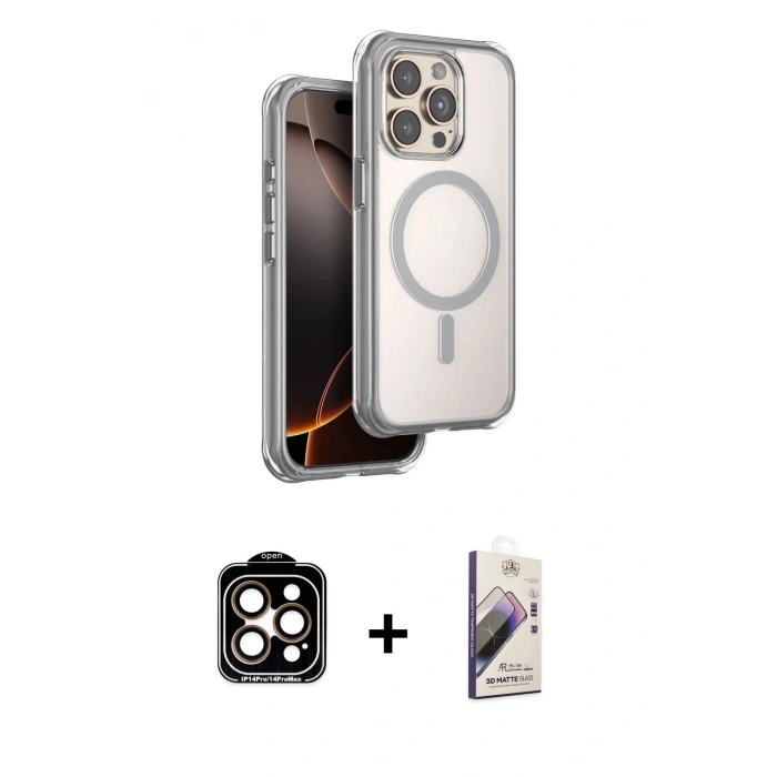 MARSİLYAN™- iPhone 15 Pro Max Kılıf Zirve Klasik Prime - Siyah Bilvis 3D Mat Cam Ekran Koruyucu + PVD Metal Kamera Lens - TU