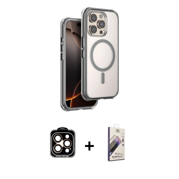 MARSİLYAN™- iPhone 15 Pro Max Kılıf Zirve Klasik Prime - Siyah Bilvis 3D Mat Cam Ekran Koruyucu + PVD Metal Kamera Lens - TU