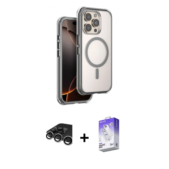 MARSİLYAN™- iPhone 15 Pro Max Kılıf Zirve Klasik Prime - Siyah Bilvis 5in1 3D Magic Cam Ekran Koruyucu + Raze Metal Kamera Lens - GS