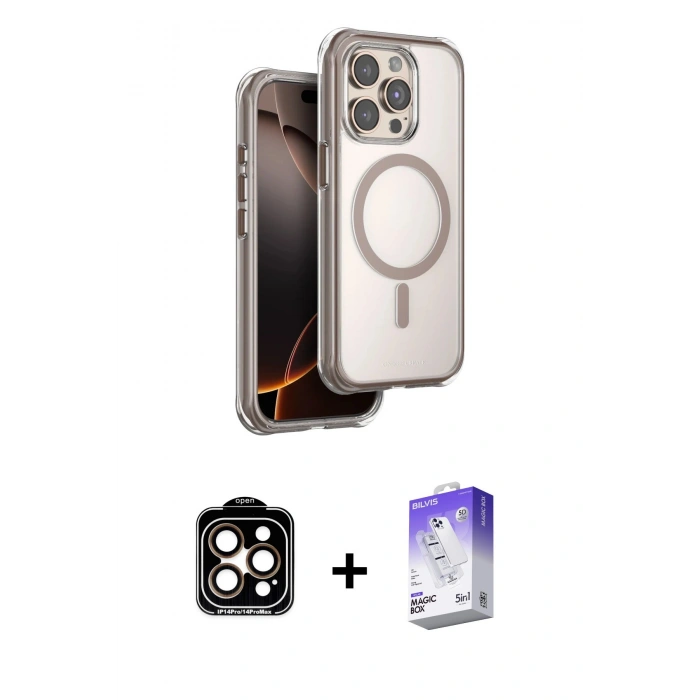 MARSİLYAN™- iPhone 15 Pro Max Kılıf Zirve Klasik Prime - Siyah Bilvis 5in1 3D Magic Cam Ekran Koruyucu + PVD Metal Kamera Lens - TU