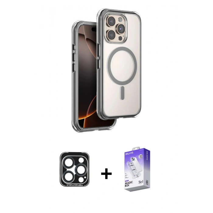 MARSİLYAN™- iPhone 15 Pro Max Kılıf Zirve Klasik Prime - Siyah Bilvis 5in1 3D Magic Cam Ekran Koruyucu + PVD Metal Kamera Lens - LT