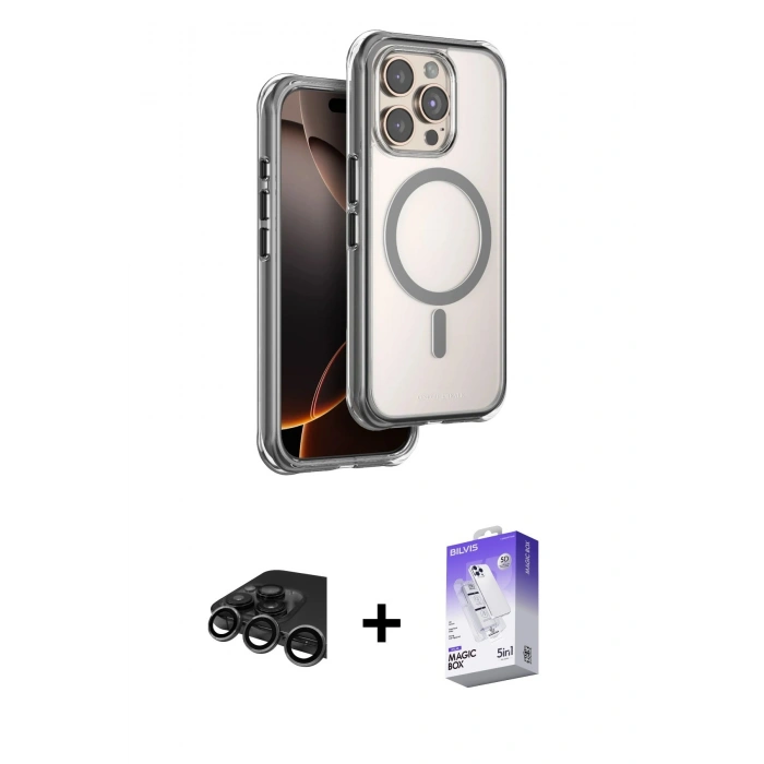 MARSİLYAN™- iPhone 15 Pro Max Kılıf Zirve Klasik Prime - Siyah Bilvis 5in1 3D Magic Cam Ekran Koruyucu + Raze Metal Kamera Lens - TMGI