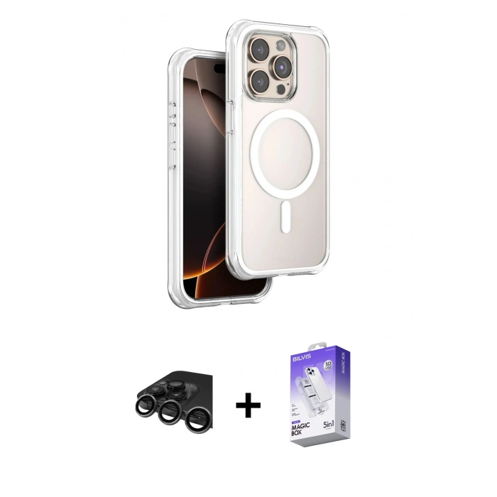 MARSİLYAN™- iPhone 15 Pro Max Kılıf Zirve Klasik Prime - Siyah Bilvis 5in1 3D Magic Cam Ekran Koruyucu + Raze Metal Kamera Lens - TMGI