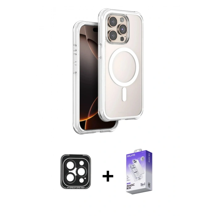 MARSİLYAN™- iPhone 15 Pro Max Kılıf Zirve Klasik Prime - Siyah Bilvis 5in1 3D Magic Cam Ekran Koruyucu + PVD Metal Kamera Lens - SH