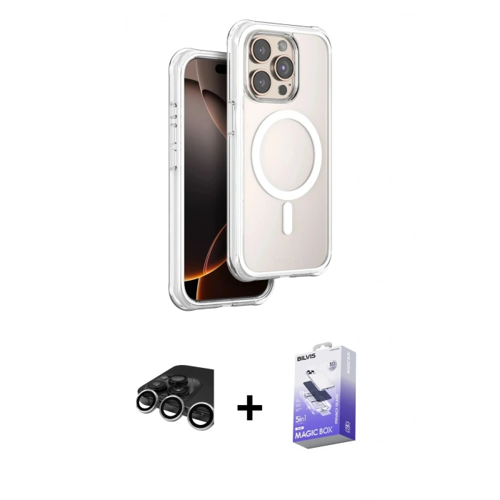 MARSİLYAN™- iPhone 15 Pro Max Kılıf Zirve Klasik Prime - Siyah Bilvis 5in1 5D Magic Hayalet Cam Ekran Koruyucu + Gümüş Raze Metal Kamera Lens