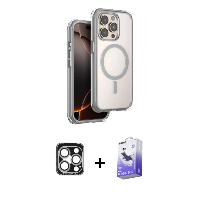MARSİLYAN™- iPhone 15 Pro Max Kılıf Zirve Klasik Prime - Siyah Bilvis 5in1 5D Magic Hayalet Cam Ekran Koruyucu + PVD Metal Kamera Lens - GS