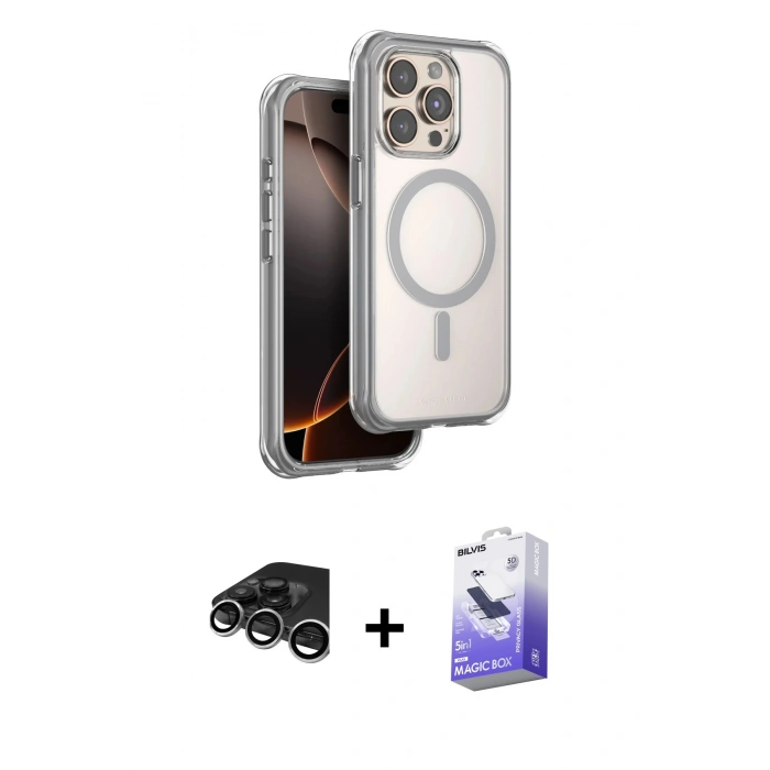 MARSİLYAN™- iPhone 15 Pro Max Kılıf Zirve Klasik Prime - Siyah Bilvis 5in1 5D Magic Hayalet Cam Ekran Koruyucu + Gümüş Raze Metal Kamera Lens