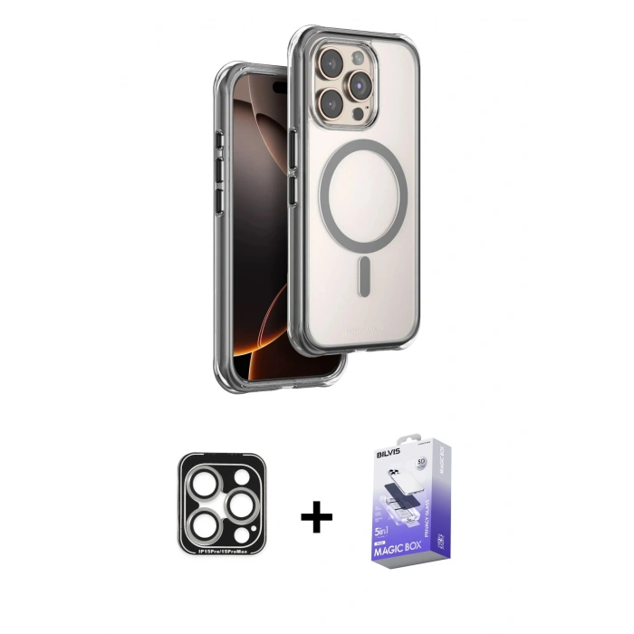 MARSİLYAN™- iPhone 15 Pro Max Kılıf Zirve Klasik Prime - Siyah Bilvis 5in1 5D Magic Hayalet Cam Ekran Koruyucu + PVD Metal Kamera Lens - GS