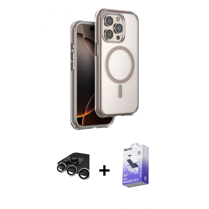 MARSİLYAN™- iPhone 15 Pro Max Kılıf Zirve Klasik Prime - Siyah Bilvis 5in1 5D Magic Hayalet Cam Ekran Koruyucu + Gümüş Raze Metal Kamera Lens
