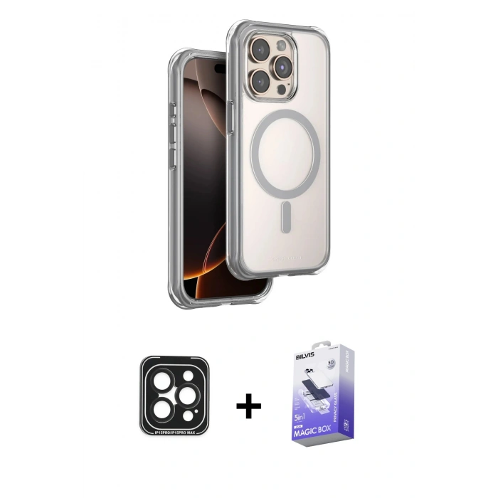 MARSİLYAN™- iPhone 15 Pro Max Kılıf Zirve Klasik Prime - Siyah Bilvis 5in1 5D Magic Hayalet Cam Ekran Koruyucu + PVD Metal Kamera Lens - SH