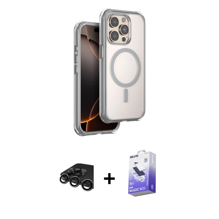 MARSİLYAN™- iPhone 15 Pro Max Kılıf Zirve Klasik Prime - Siyah Bilvis 5in1 5D Magic Hayalet Cam Ekran Koruyucu + Raze Metal Kamera Lens - TMGI