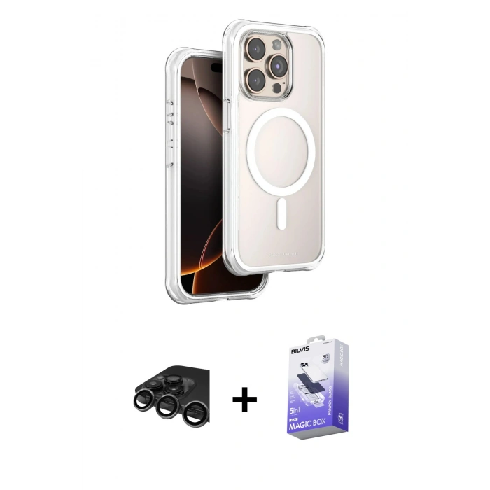 MARSİLYAN™- iPhone 15 Pro Max Kılıf Zirve Klasik Prime - Siyah Bilvis 5in1 5D Magic Hayalet Cam Ekran Koruyucu + Raze Metal Kamera Lens - TMGI