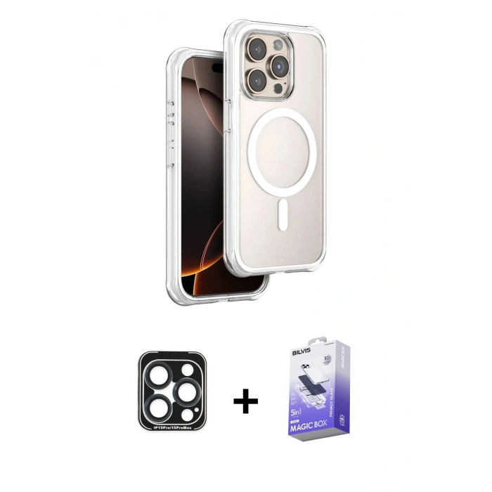 MARSİLYAN™- iPhone 15 Pro Max Kılıf Zirve Klasik Prime - Siyah Bilvis 5in1 5D Magic Hayalet Cam Ekran Koruyucu + PVD Metal Kamera Lens - LT