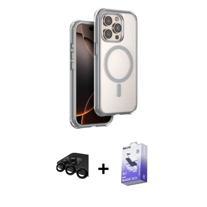 MARSİLYAN™- iPhone 15 Pro Max Kılıf Zirve Klasik Prime - Siyah Bilvis 5in1 5D Magic Hayalet Cam Ekran Koruyucu + Raze Metal Kamera Lens - SH
