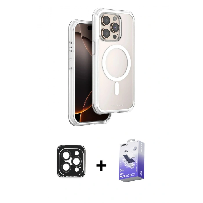 MARSİLYAN™- iPhone 15 Pro Max Kılıf Zirve Klasik Prime - Siyah Bilvis 5in1 5D Magic Hayalet Cam Ekran Koruyucu + PVD Metal Kamera Lens - SH