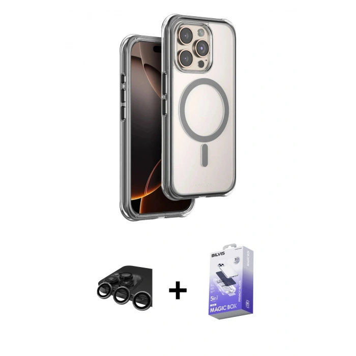 MARSİLYAN™- iPhone 15 Pro Max Kılıf Zirve Klasik Prime - Siyah Bilvis 5in1 5D Magic Hayalet Cam Ekran Koruyucu + Raze Metal Kamera Lens - TMGI