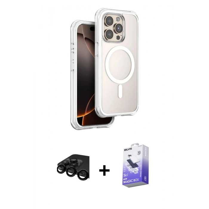MARSİLYAN™- iPhone 15 Pro Max Kılıf Zirve Klasik Prime - Siyah Bilvis 5in1 5D Magic Hayalet Cam Ekran Koruyucu + Raze Metal Kamera Lens - SH