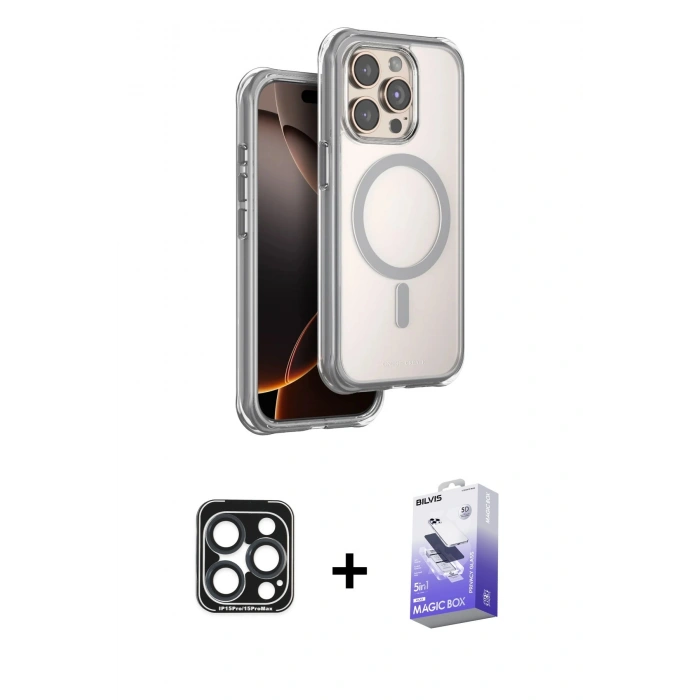 MARSİLYAN™- iPhone 15 Pro Max Kılıf Zirve Klasik Prime - Siyah Bilvis 5in1 5D Magic Hayalet Cam Ekran Koruyucu + PVD Metal Kamera Lens - LT