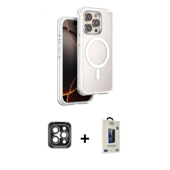 MARSİLYAN™- iPhone 15 Pro Max Kılıf Zirve Klasik Prime - Siyah Bilvis Hayalet Cam Ekran Koruyucu + PVD Metal Kamera Lens - GI