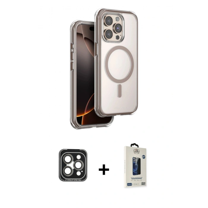 MARSİLYAN™- iPhone 15 Pro Max Kılıf Zirve Klasik Prime - Siyah Bilvis Hayalet Cam Ekran Koruyucu + PVD Metal Kamera Lens - GI