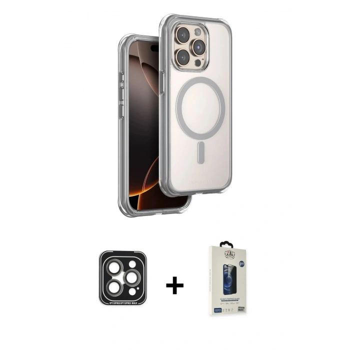 MARSİLYAN™- iPhone 15 Pro Max Kılıf Zirve Klasik Prime - Siyah Bilvis Hayalet Cam Ekran Koruyucu + PVD Metal Kamera Lens - GI