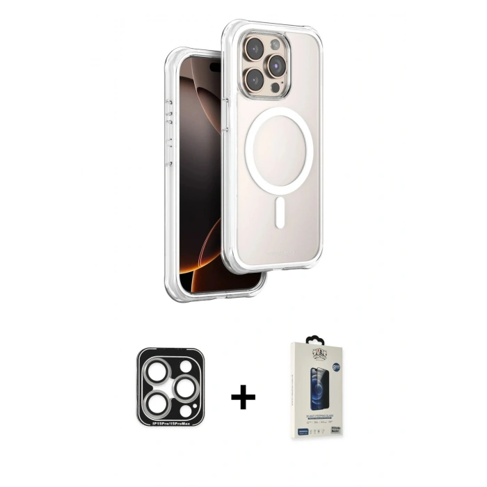 MARSİLYAN™- iPhone 15 Pro Max Kılıf Zirve Klasik Prime - Siyah Bilvis Hayalet Cam Ekran Koruyucu + PVD Metal Kamera Lens - GS
