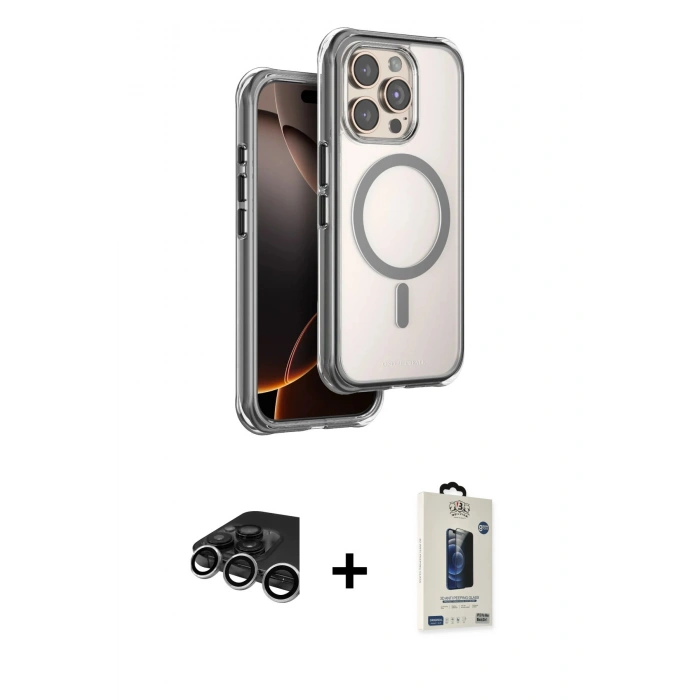 MARSİLYAN™- iPhone 15 Pro Max Kılıf Zirve Klasik Prime - Siyah Bilvis Hayalet Cam Ekran Koruyucu + Raze Metal Kamera Lens - GS