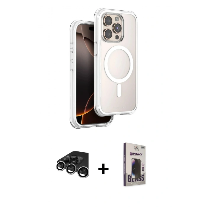 MARSİLYAN™- iPhone 15 Pro Max Kılıf Zirve Klasik Prime - Siyah Bilvis Hayalet Cam Ekran Koruyucu + Raze Metal Kamera Lens - GS