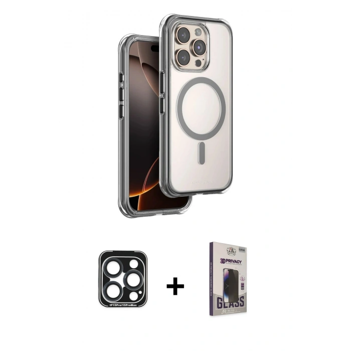 MARSİLYAN™- iPhone 15 Pro Max Kılıf Zirve Klasik Prime - Siyah Bilvis Hayalet Cam Ekran Koruyucu + PVD Metal Kamera Lens - LT
