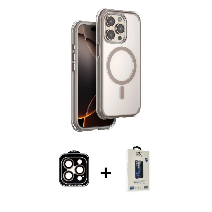 MARSİLYAN™- iPhone 15 Pro Max Kılıf Zirve Klasik Prime - Siyah Bilvis Hayalet Cam Ekran Koruyucu + PVD Metal Kamera Lens - TU