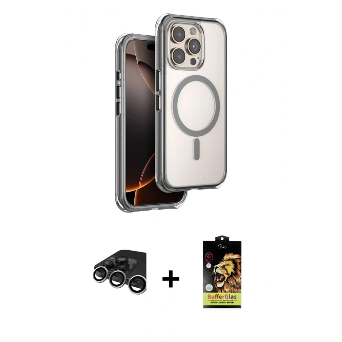 MARSİLYAN™- iPhone 15 Pro Max Kılıf Zirve Klasik Prime - Siyah Buffer Cam Ekran Koruyucu + Raze Metal Kamera Lens - GS