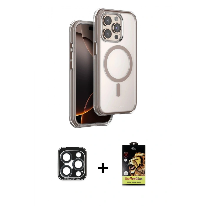MARSİLYAN™- iPhone 15 Pro Max Kılıf Zirve Klasik Prime - Siyah Buffer Cam Ekran Koruyucu + PVD Metal Kamera Lens - LT