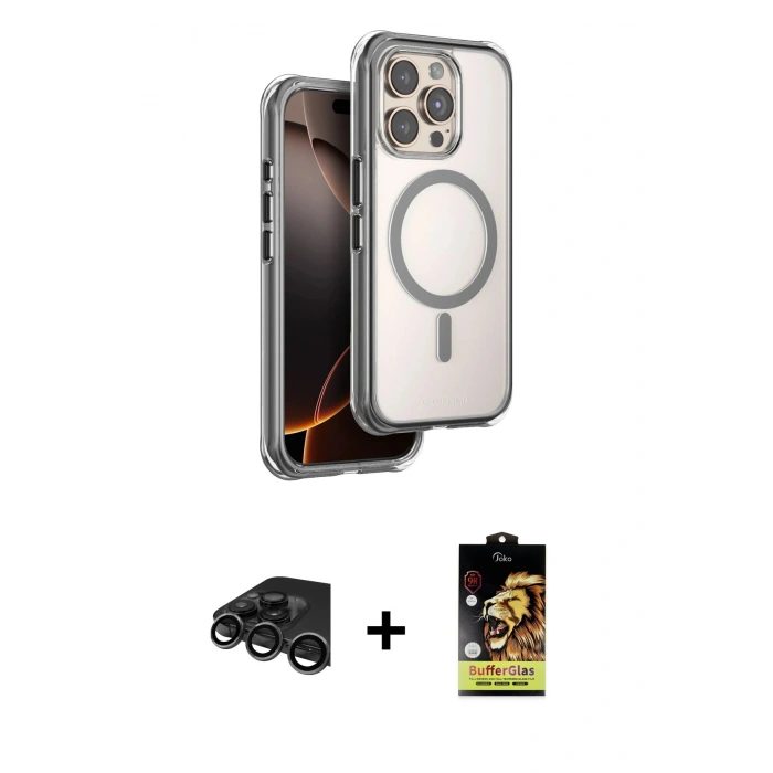 MARSİLYAN™- iPhone 15 Pro Max Kılıf Zirve Klasik Prime - Siyah Buffer Cam Ekran Koruyucu + Raze Metal Kamera Lens - TMGI