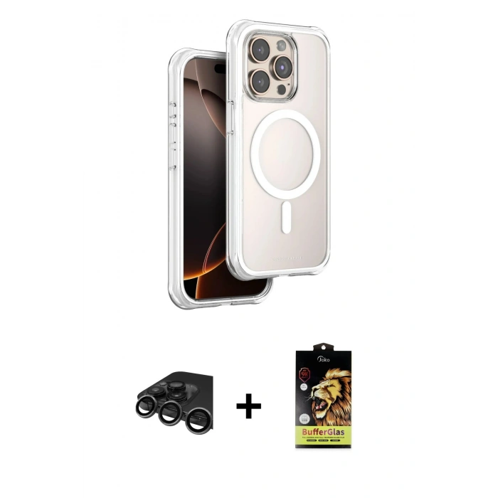 MARSİLYAN™- iPhone 15 Pro Max Kılıf Zirve Klasik Prime - Siyah Buffer Cam Ekran Koruyucu + Raze Metal Kamera Lens - TMGI