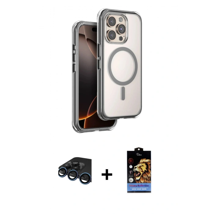 MARSİLYAN™- iPhone 15 Pro Max Kılıf Zirve Klasik Prime - Siyah Buffer Hayalet Cam Ekran Koruyucu + Lacivert Raze Metal Kamera Lens