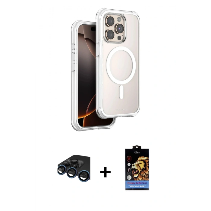 MARSİLYAN™- iPhone 15 Pro Max Kılıf Zirve Klasik Prime - Siyah Buffer Hayalet Cam Ekran Koruyucu + Lacivert Raze Metal Kamera Lens