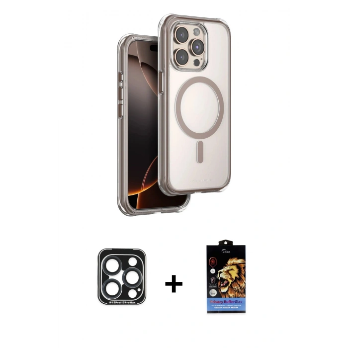 MARSİLYAN™- iPhone 15 Pro Max Kılıf Zirve Klasik Prime - Siyah Buffer Hayalet Cam Ekran Koruyucu + PVD Metal Kamera Lens - LT