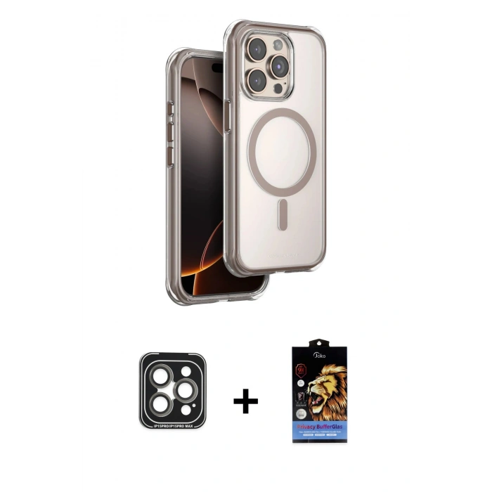 MARSİLYAN™- iPhone 15 Pro Max Kılıf Zirve Klasik Prime - Siyah Buffer Hayalet Cam Ekran Koruyucu + PVD Metal Kamera Lens - GI