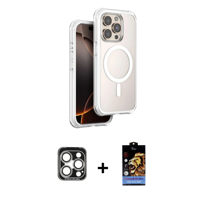 MARSİLYAN™- iPhone 15 Pro Max Kılıf Zirve Klasik Prime - Siyah Buffer Hayalet Cam Ekran Koruyucu + PVD Metal Kamera Lens - GS