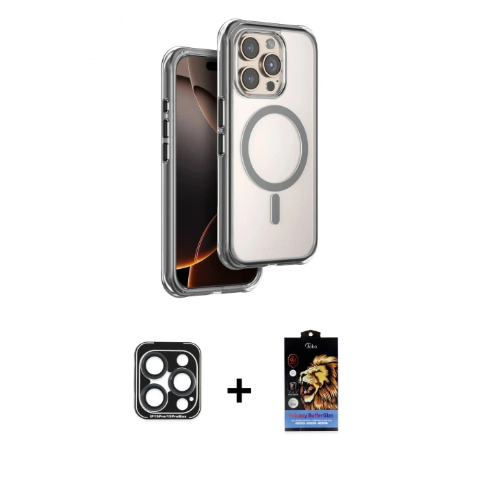 MARSİLYAN™- iPhone 15 Pro Max Kılıf Zirve Klasik Prime - Siyah Buffer Hayalet Cam Ekran Koruyucu + PVD Metal Kamera Lens - LT