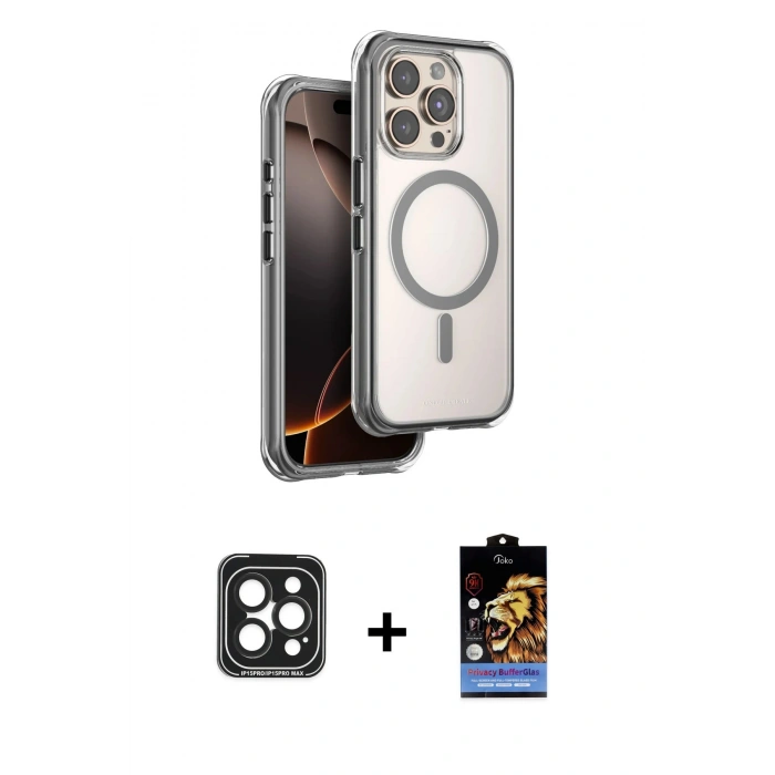 MARSİLYAN™- iPhone 15 Pro Max Kılıf Zirve Klasik Prime - Siyah Buffer Hayalet Cam Ekran Koruyucu + PVD Metal Kamera Lens - SH