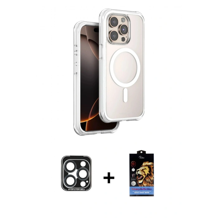 MARSİLYAN™- iPhone 15 Pro Max Kılıf Zirve Klasik Prime - Siyah Buffer Hayalet Cam Ekran Koruyucu + PVD Metal Kamera Lens - LT